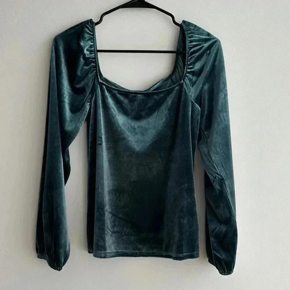 GAP Velvet Square Neck Puff Sleeve Blouse, Teal, Size Small - Picture 5 of 16